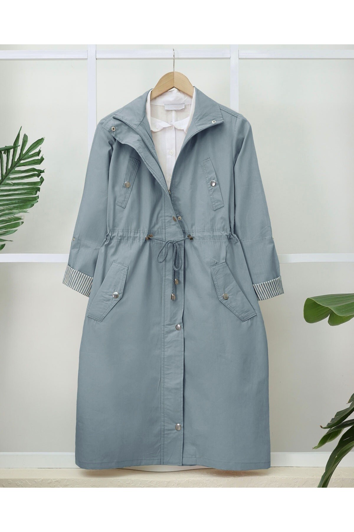 Tünel Bağcıklı Üst Cep Detaylı  Astarsız Yıkamalı Organik Koton Trenckot  -Mavi