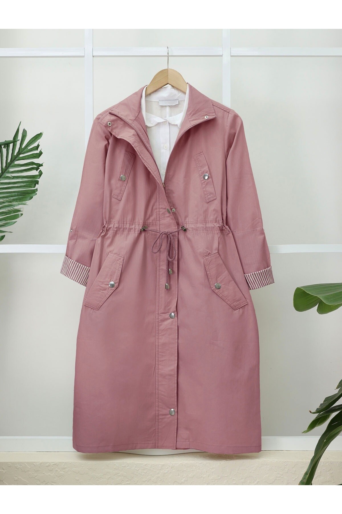 Tünel Bağcıklı Üst Cep Detaylı  Astarsız Yıkamalı Organik Koton Trenckot  -Pudra