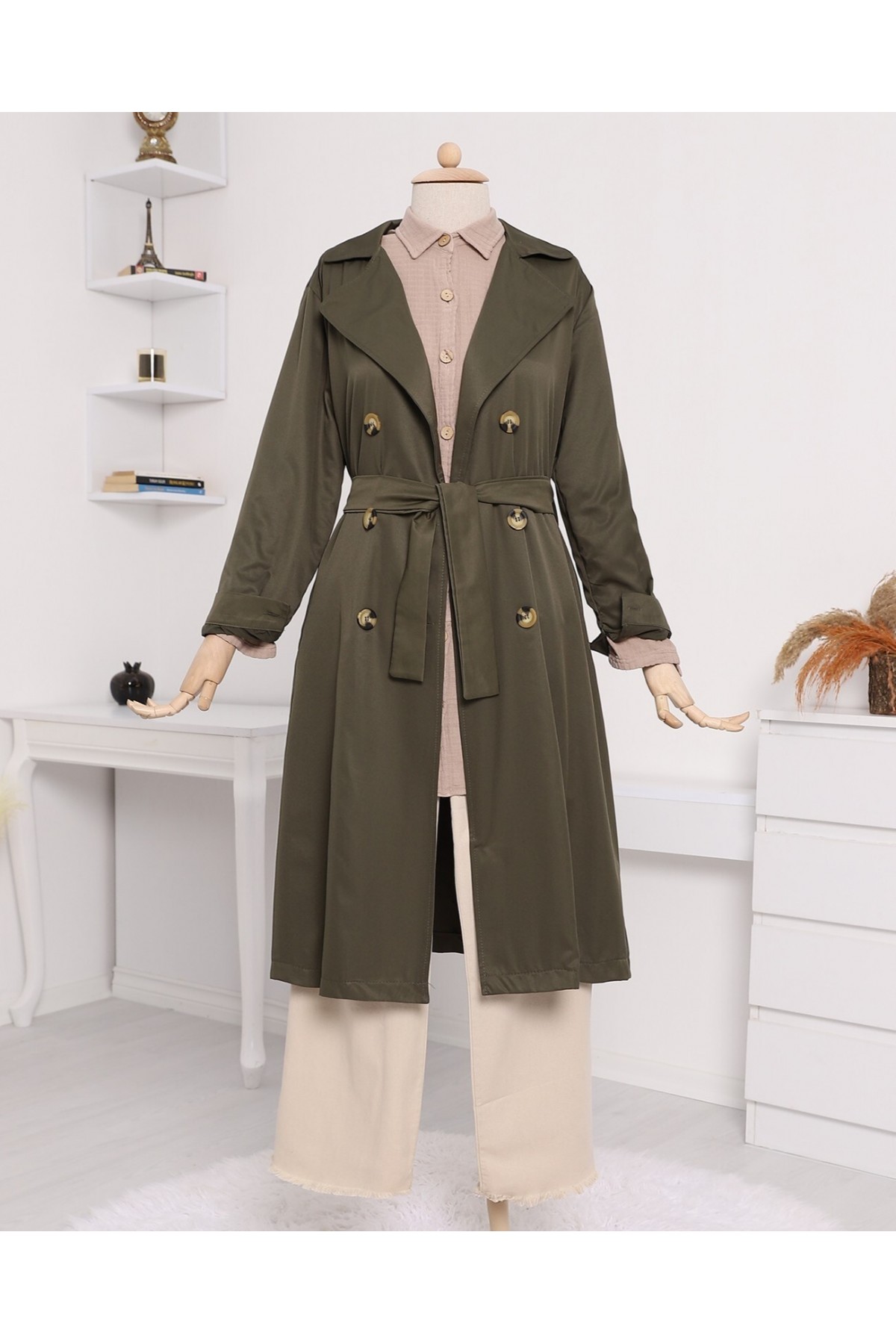 Çift Düğme Kemerli Uzun Trenckot -Haki