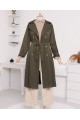 Çift Düğme Kemerli Uzun Trenckot -Haki