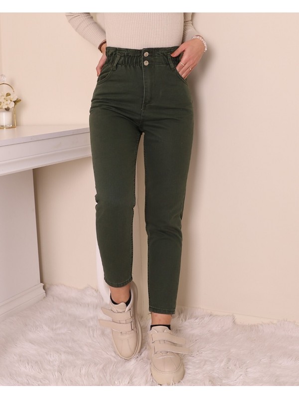 Beli Lastikli Yüksek Bel Kot Pantolon    -Haki