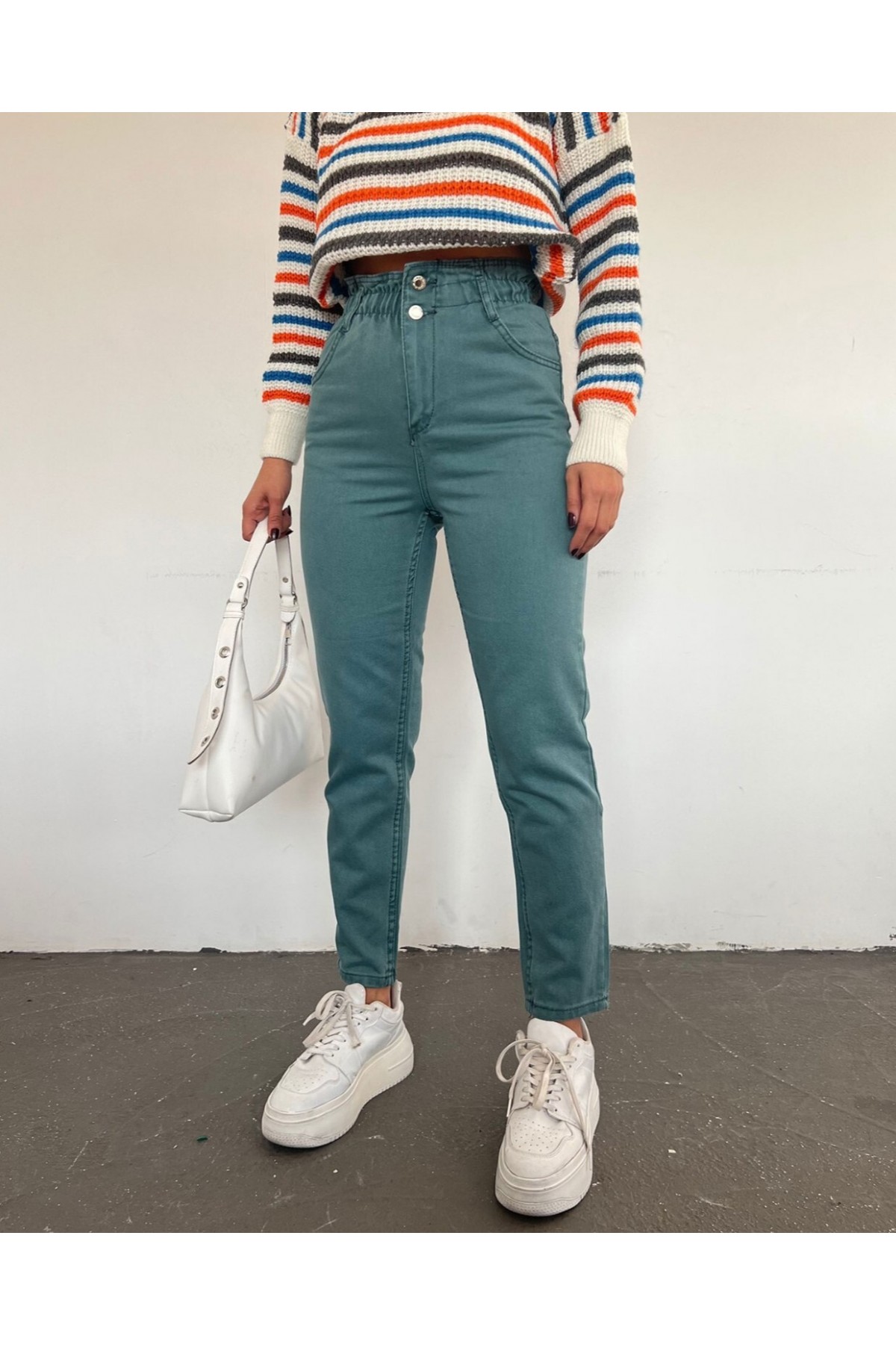 Beli Lastikli Yüksek Bel Kot Pantolon    -Mint