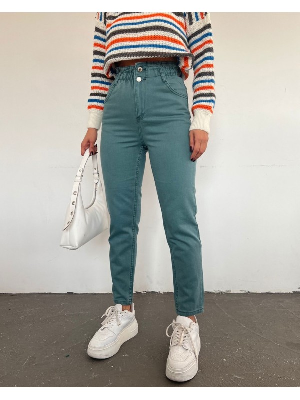 Beli Lastikli Yüksek Bel Kot Pantolon    -Mint