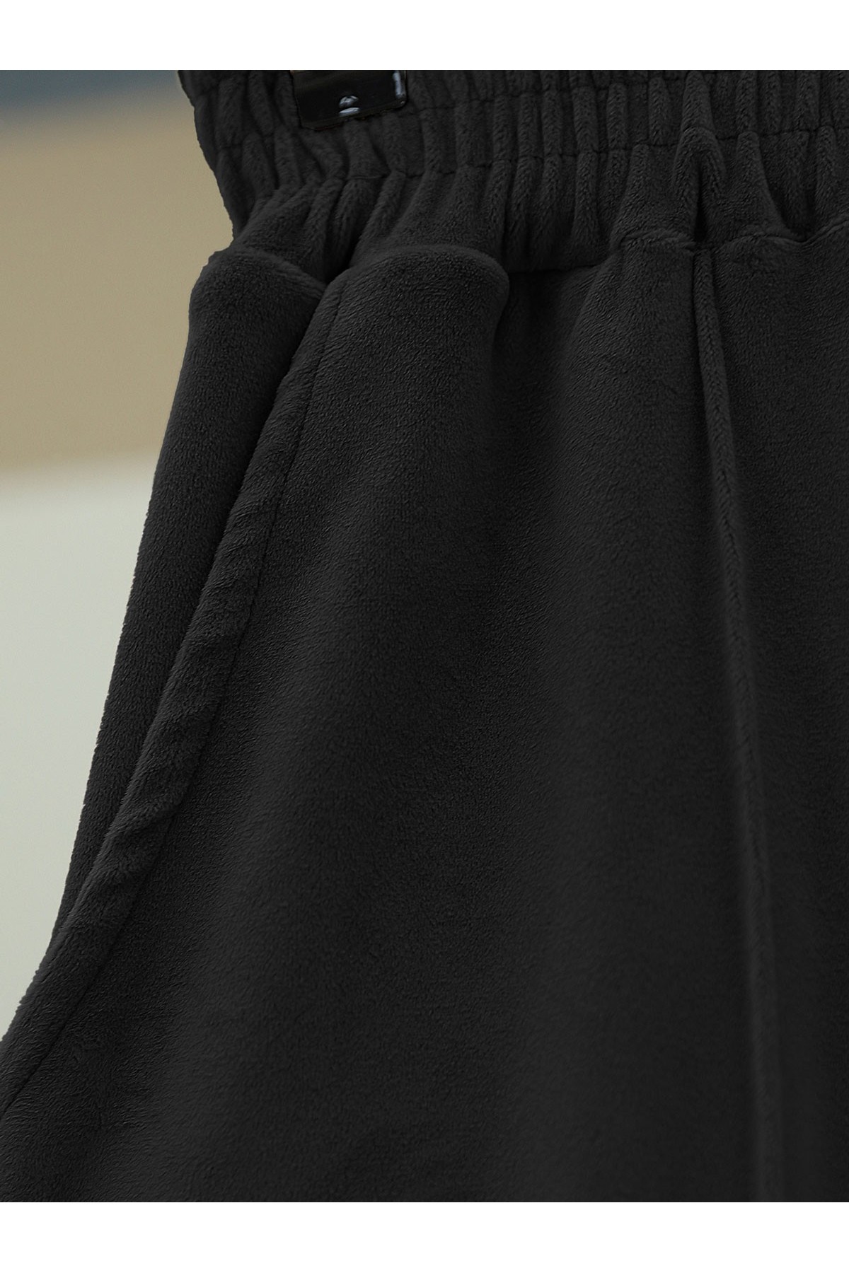 Çımalı Beli Lastikli Kadife Pantolon -Siyah