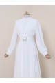 Kemeri Taşlı Önü Pileli Tesettür Elbise   -Beyaz