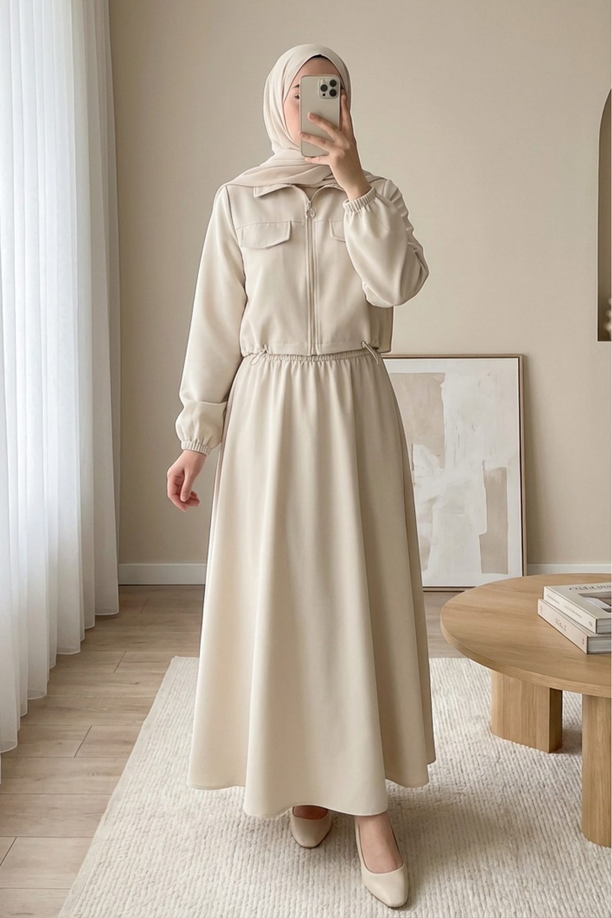 Önü Fermuarlı Beli Ve Kolu Lastikli Cep Detaylı Dabıl İkili Takım -Bej