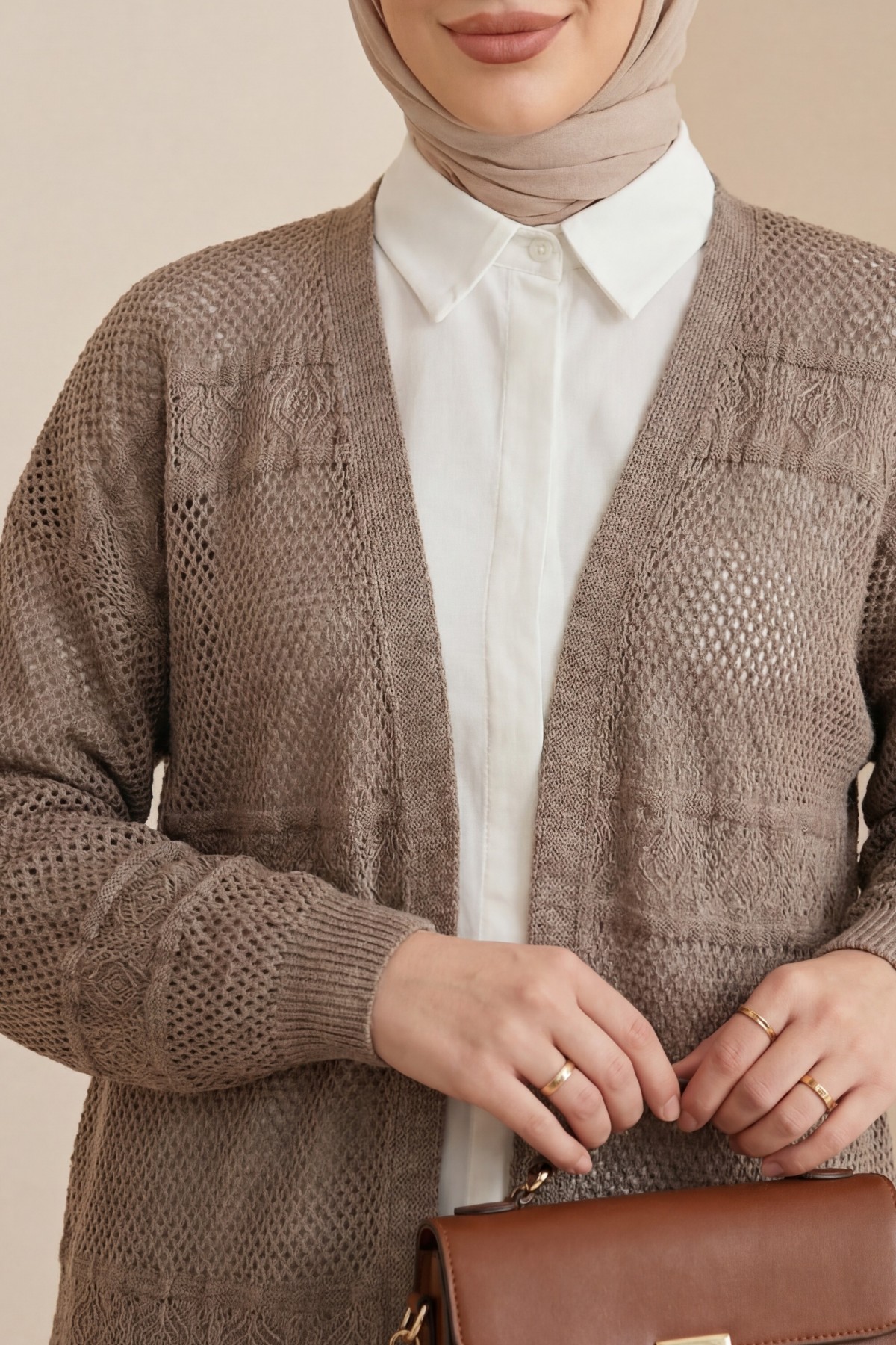 Desenli Ajurlu Triko Hırka  -Vizon