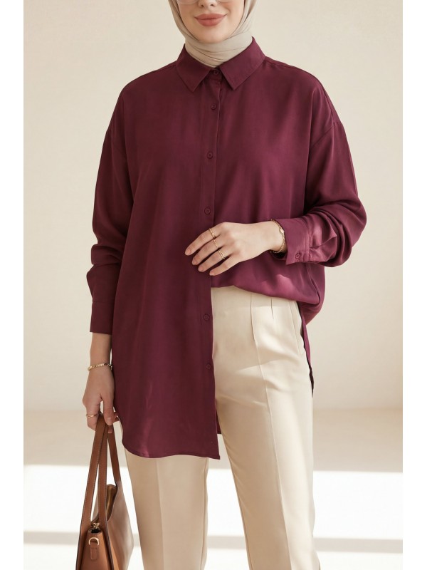 Düğmeli Salaş Viskon Gömlek -Bordo