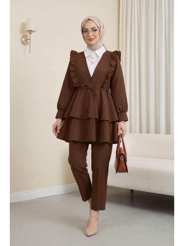 Önü Fırfırlı Bağcıklı Eteği Katlı Pantolonlu Kimono Takım     -Taba