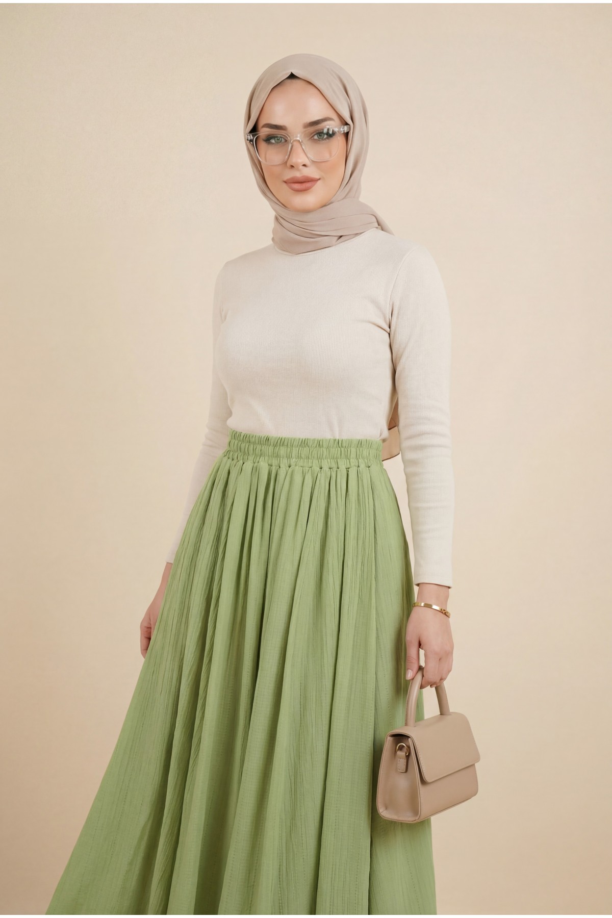 Beli Lastikli Astarlı Uzun Gofre Etek -A.Yeşil