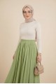 Beli Lastikli Astarlı Uzun Gofre Etek -A.Yeşil