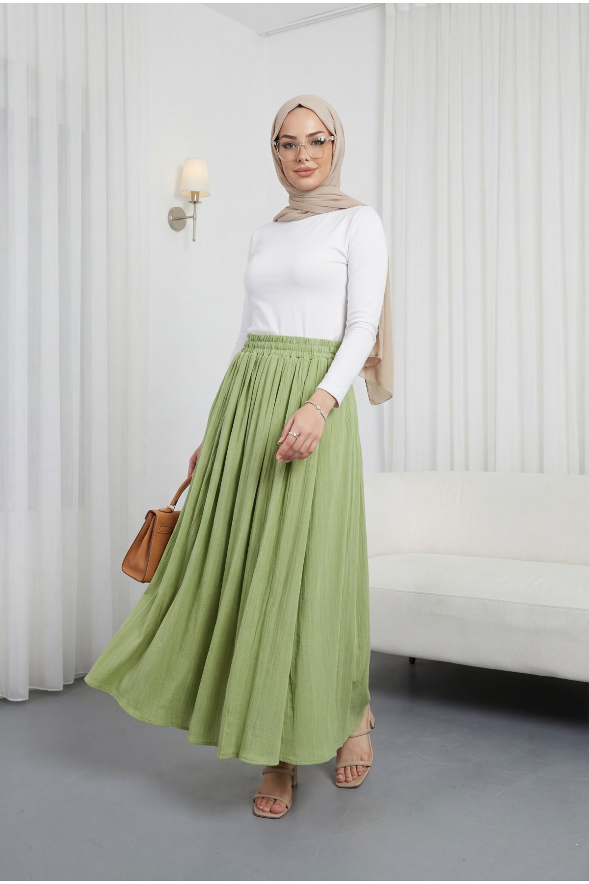 Beli Lastikli Astarlı Uzun Gofre Etek -A.Yeşil