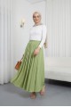 Beli Lastikli Astarlı Uzun Gofre Etek -A.Yeşil