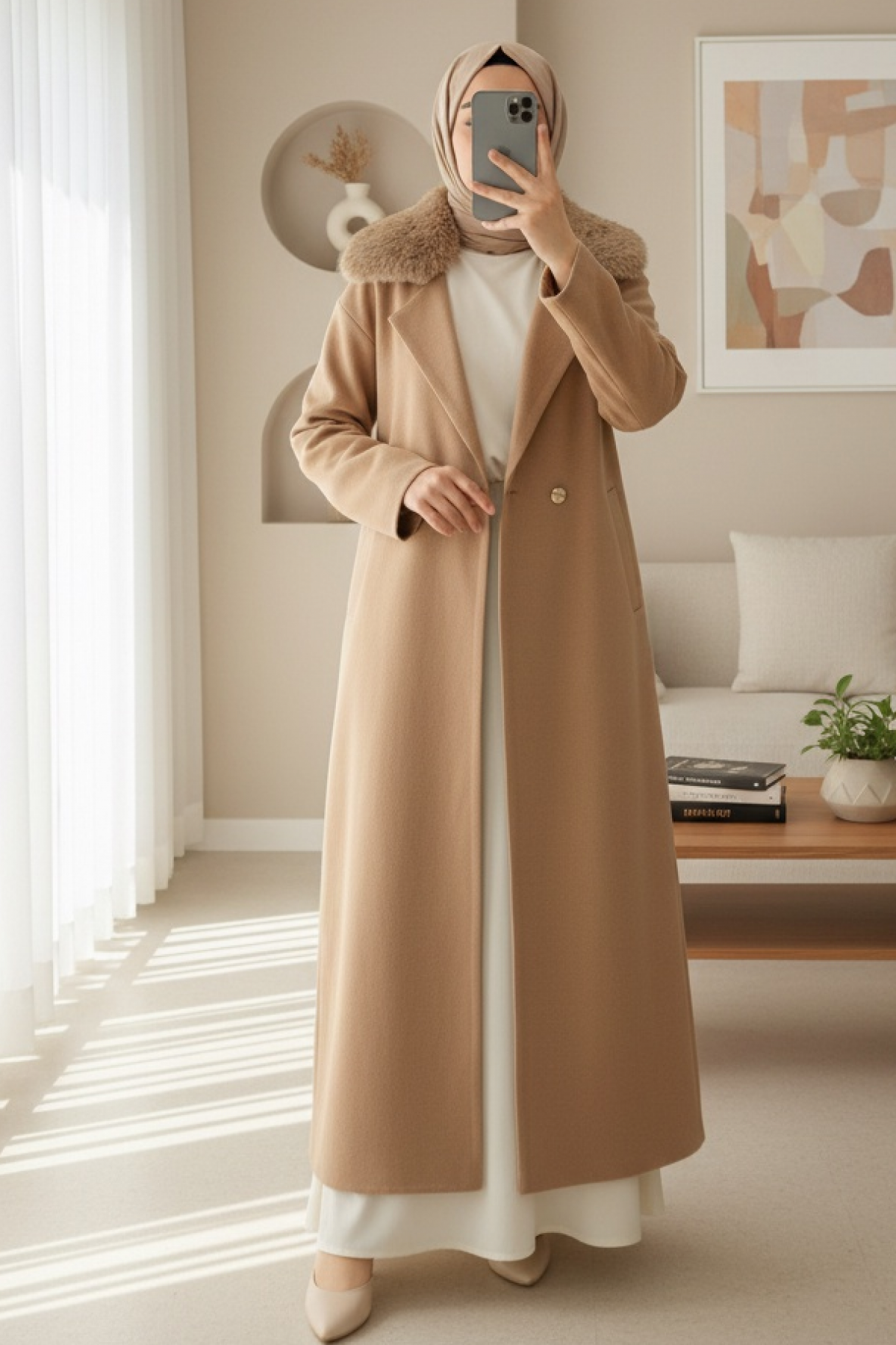 Yakası Kürklü Çift Düğmeli Uzun Triko Hırka -Vizon