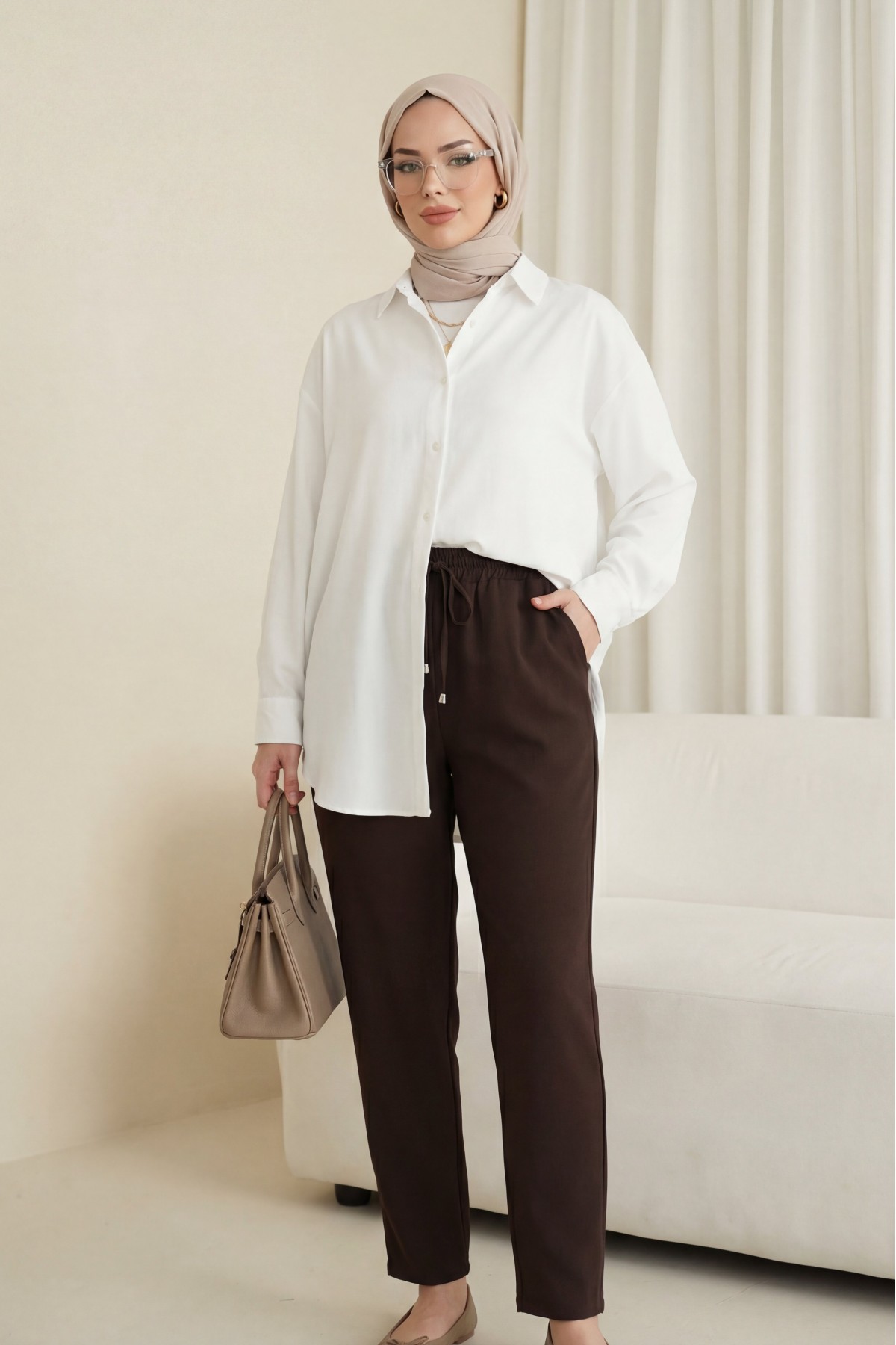 Düğmeli Salaş Viskon Gömlek -Beyaz