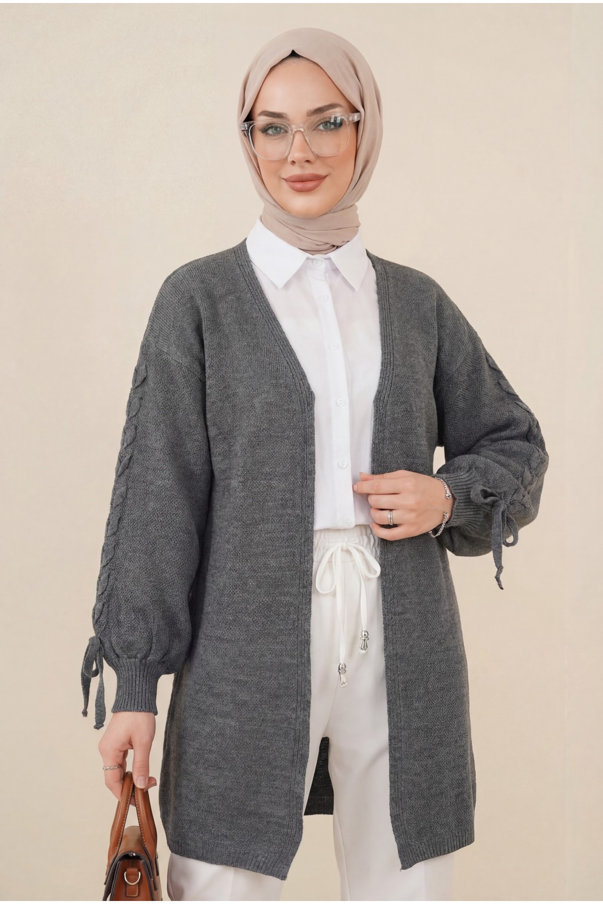 Kolu Saç Örgülü Salaş Triko Hırka -Füme