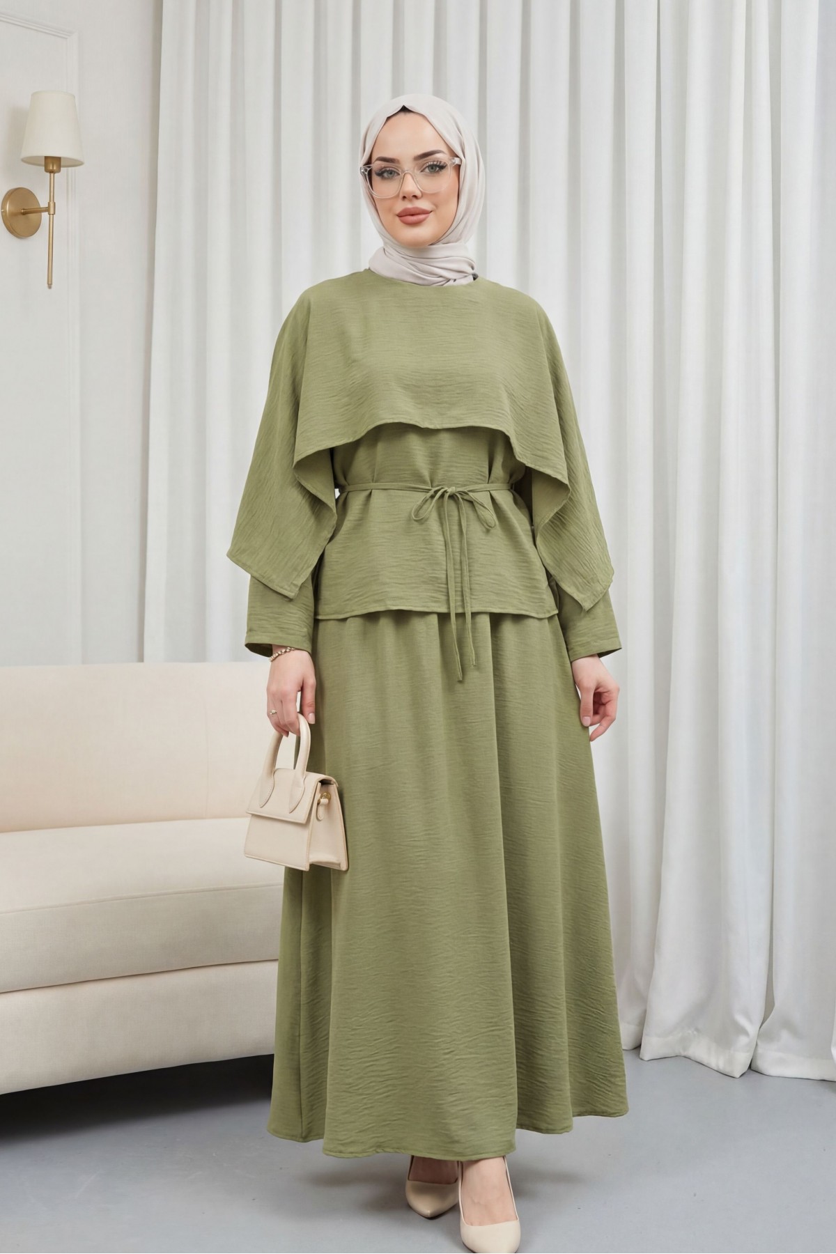 Pelerin Detaylı Beli Bağlamalı Etekli Cupra Takım  -Haki