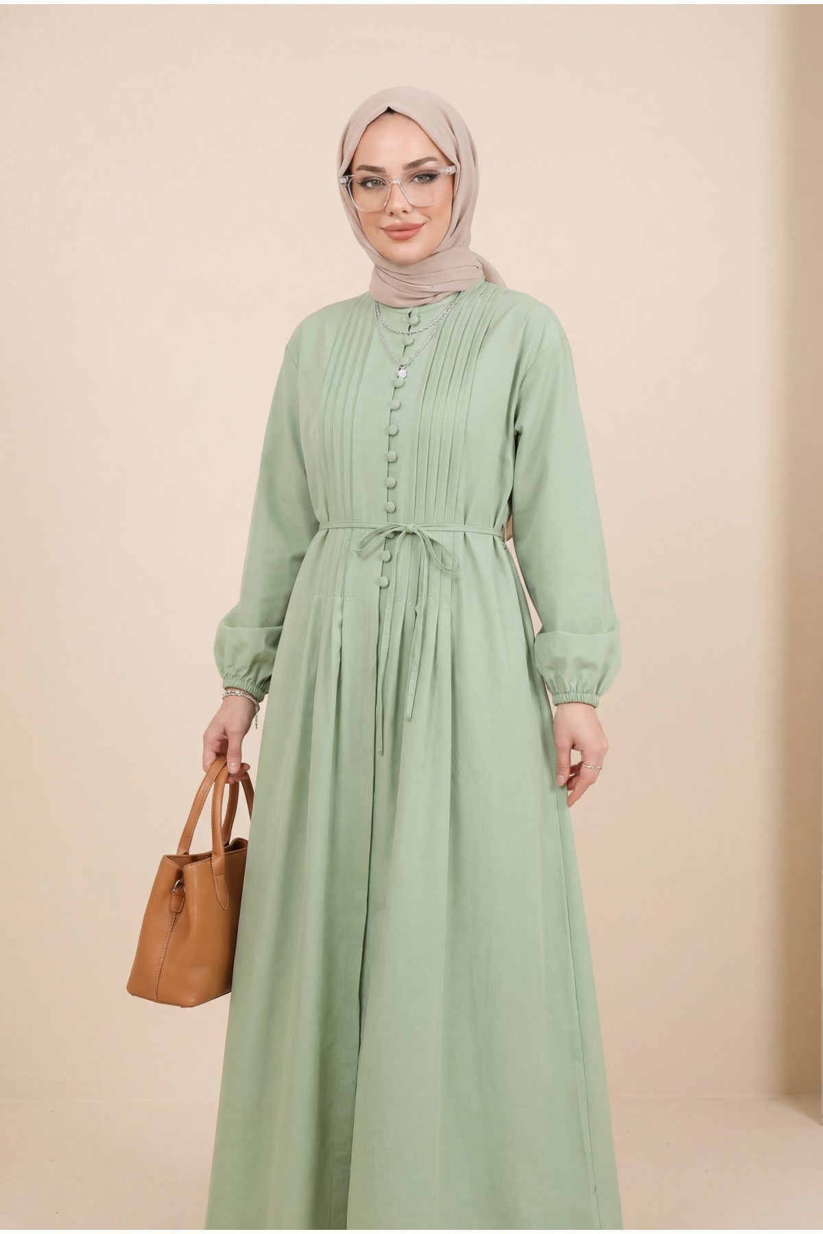 Önü Nervürlü Yarım Düğmeli Poplin Elbise -A.Yeşil