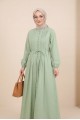 Önü Nervürlü Yarım Düğmeli Poplin Elbise -A.Yeşil