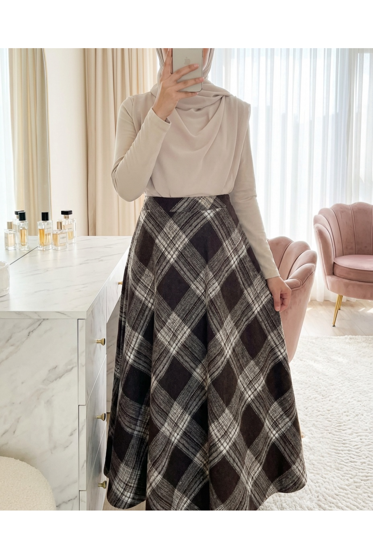 Ekose Desenli Yanı Fermuarlı  Kaşe Çan Etek    -Kahve