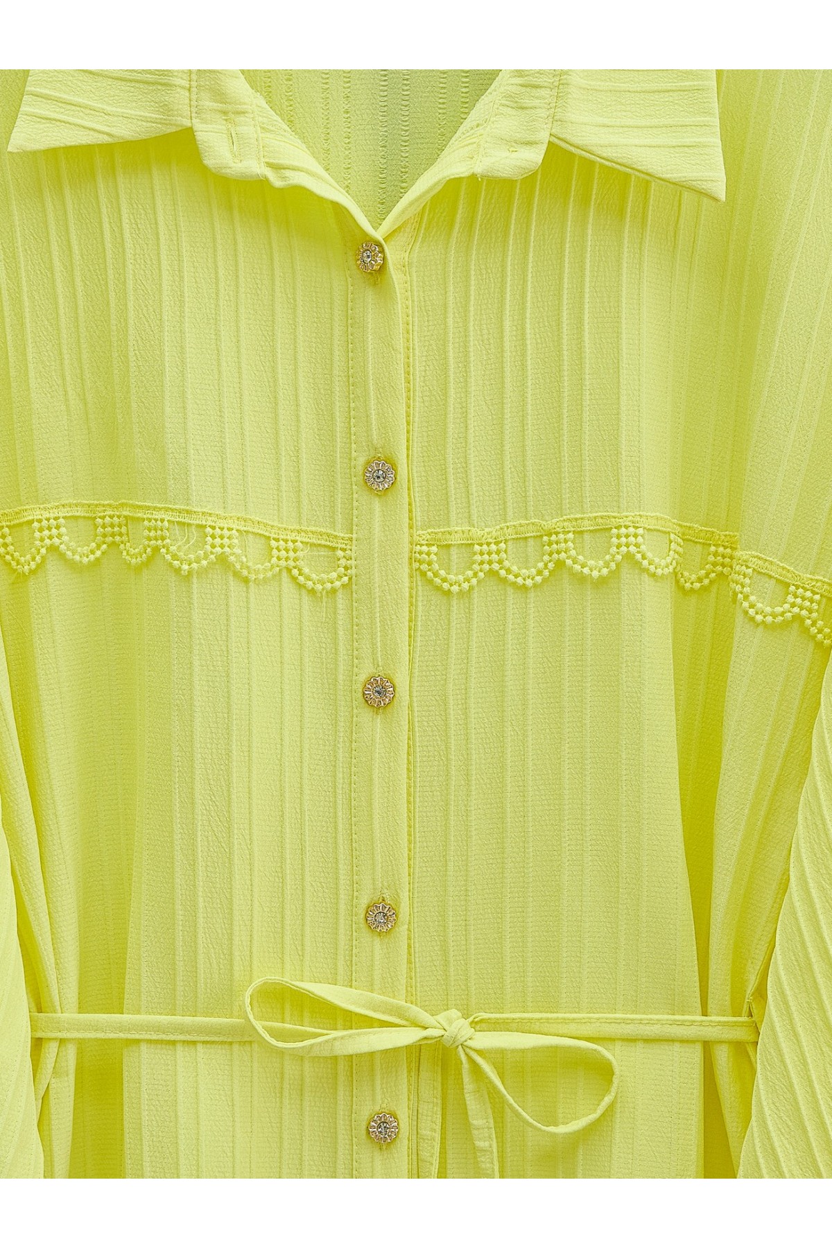 Taşlı Düğmeli Beli Bağlamalı Dantel Detaylı Gömlek -Sarı