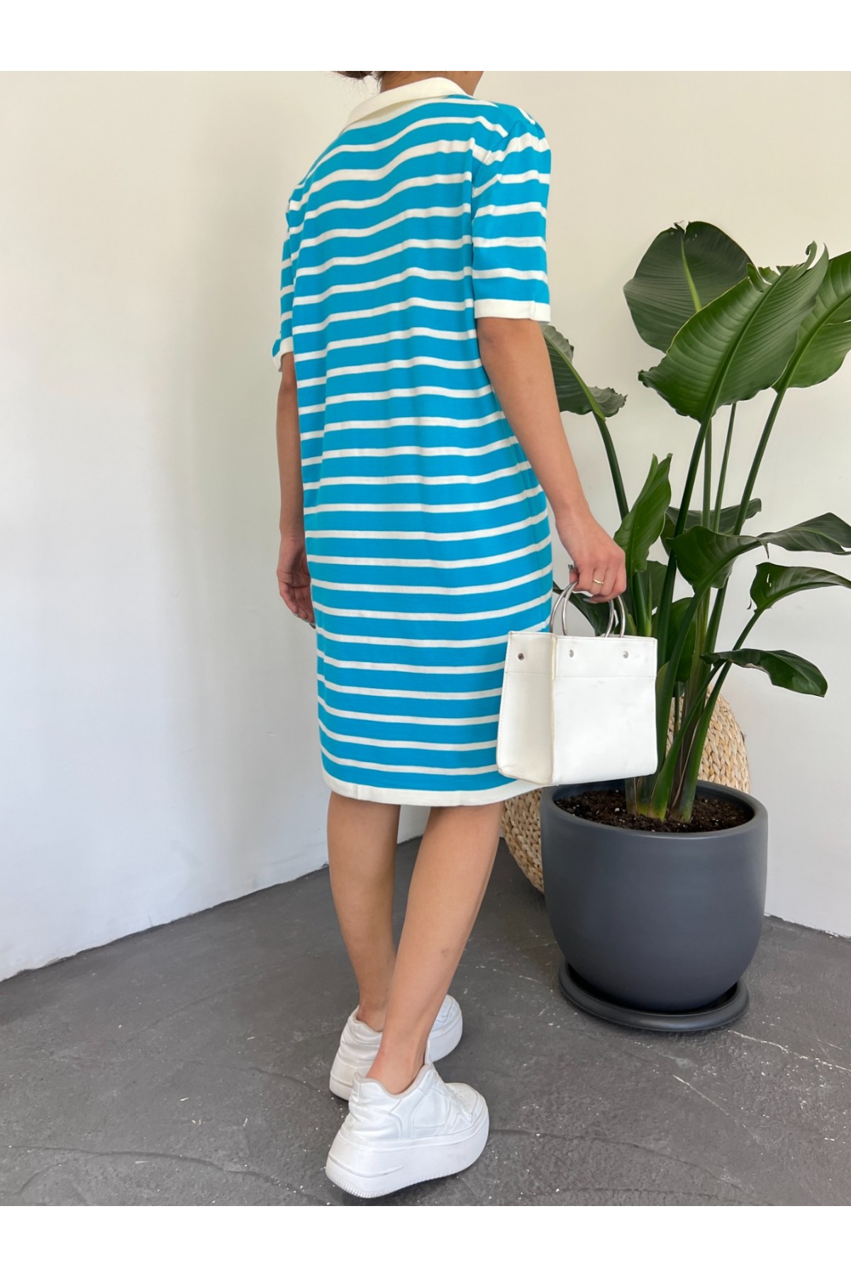 Polo Yaka Çizgili Triko Mini Elbise -Mavi