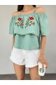 Gül Nakışlı Güpürlü İp Askılı Tişort -Mint