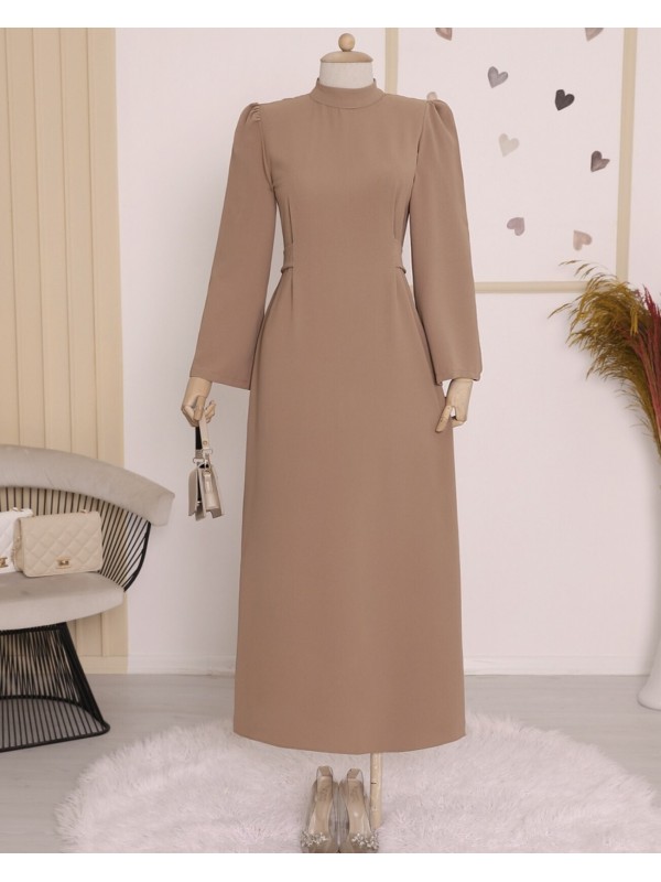 Hakim Yaka Belden Bağlamalı Elbise  -Vizon