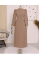 Hakim Yaka Belden Bağlamalı Elbise  -Vizon