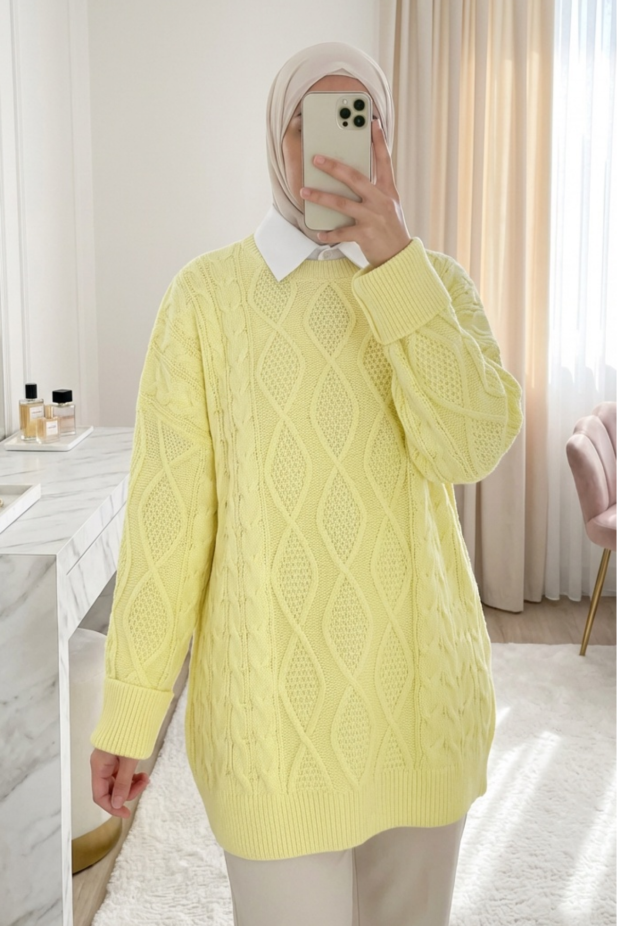 Petek Desen Kışlık Salaş Triko Kazak             -Açık Sarı