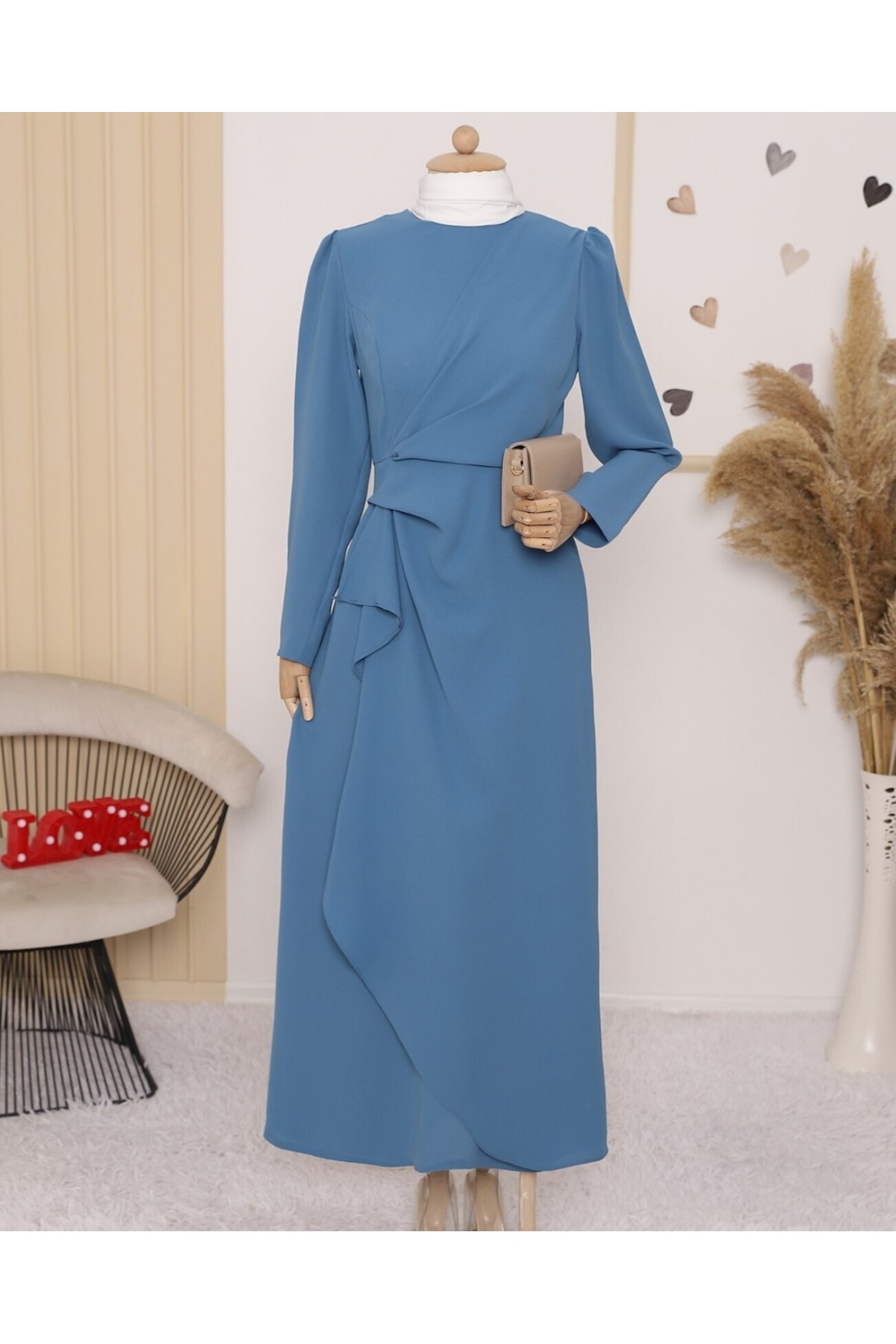 Önü Allerli Eteği Asimetrik Krep Elbise   -Mavi