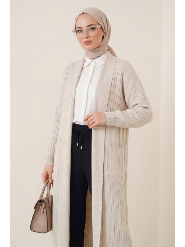 Kolu Düğme Detaylı Fitilli Uzun Triko Hırka -Taş