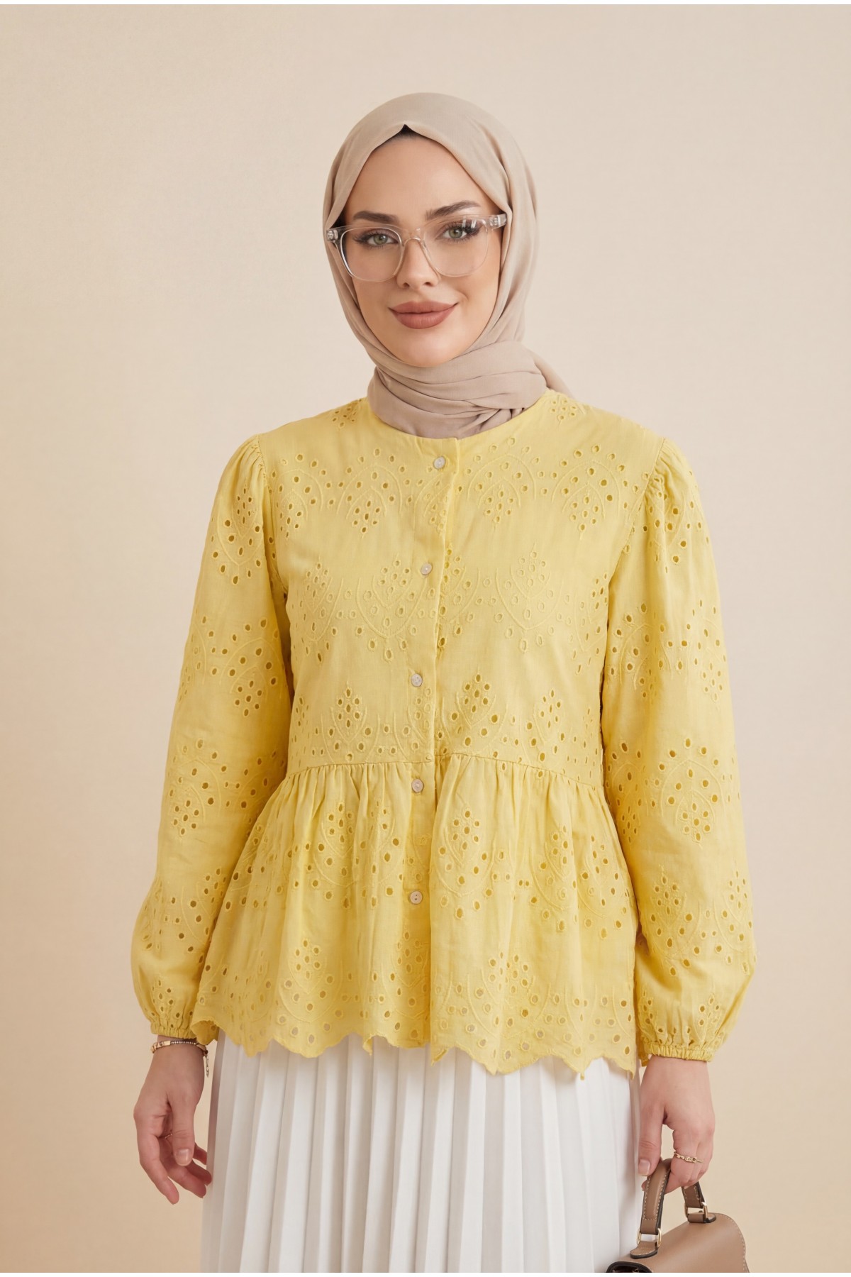 Kolu Lastikli Ajurlu Düğmeli Astarlı Gömlek  -Sarı