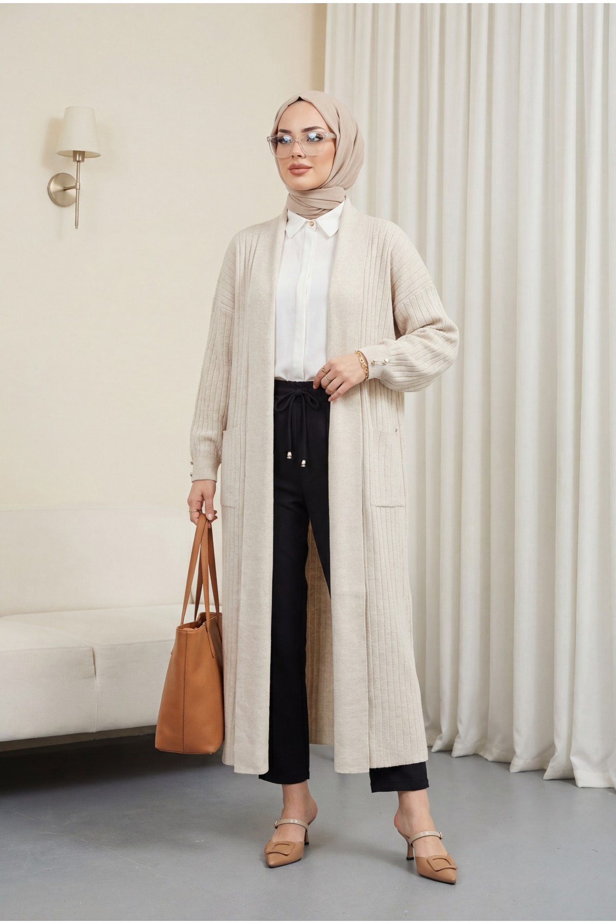 Kolu Düğme Detaylı Fitilli Uzun Triko Hırka -Taş