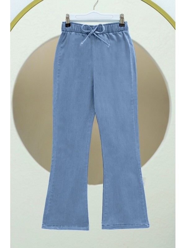 İspanyol Paça Bağcık Detaylı Kot Pantolon -Mavi