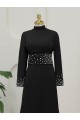 Korse Kemerli Taşlı Saten Abiye  -Siyah