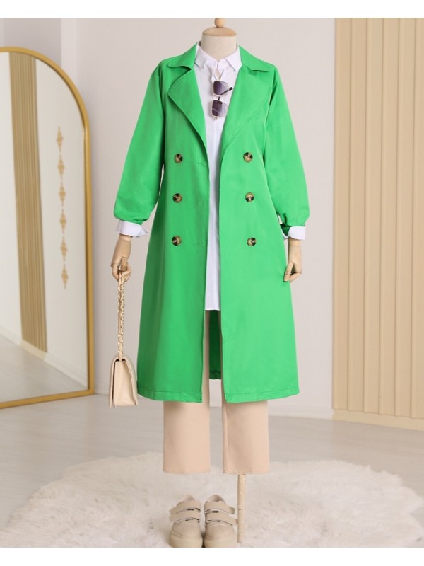 Çift Düğme Kemerli Uzun Trenckot  -Yeşil