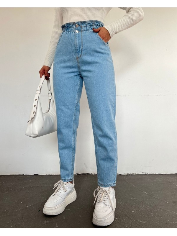 Beli Lastikli Yüksek Bel Kot Pantolon     -Açık Mavi