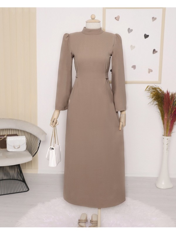 Hakim Yaka Belden Bağlamalı Elbise   -Tarçın