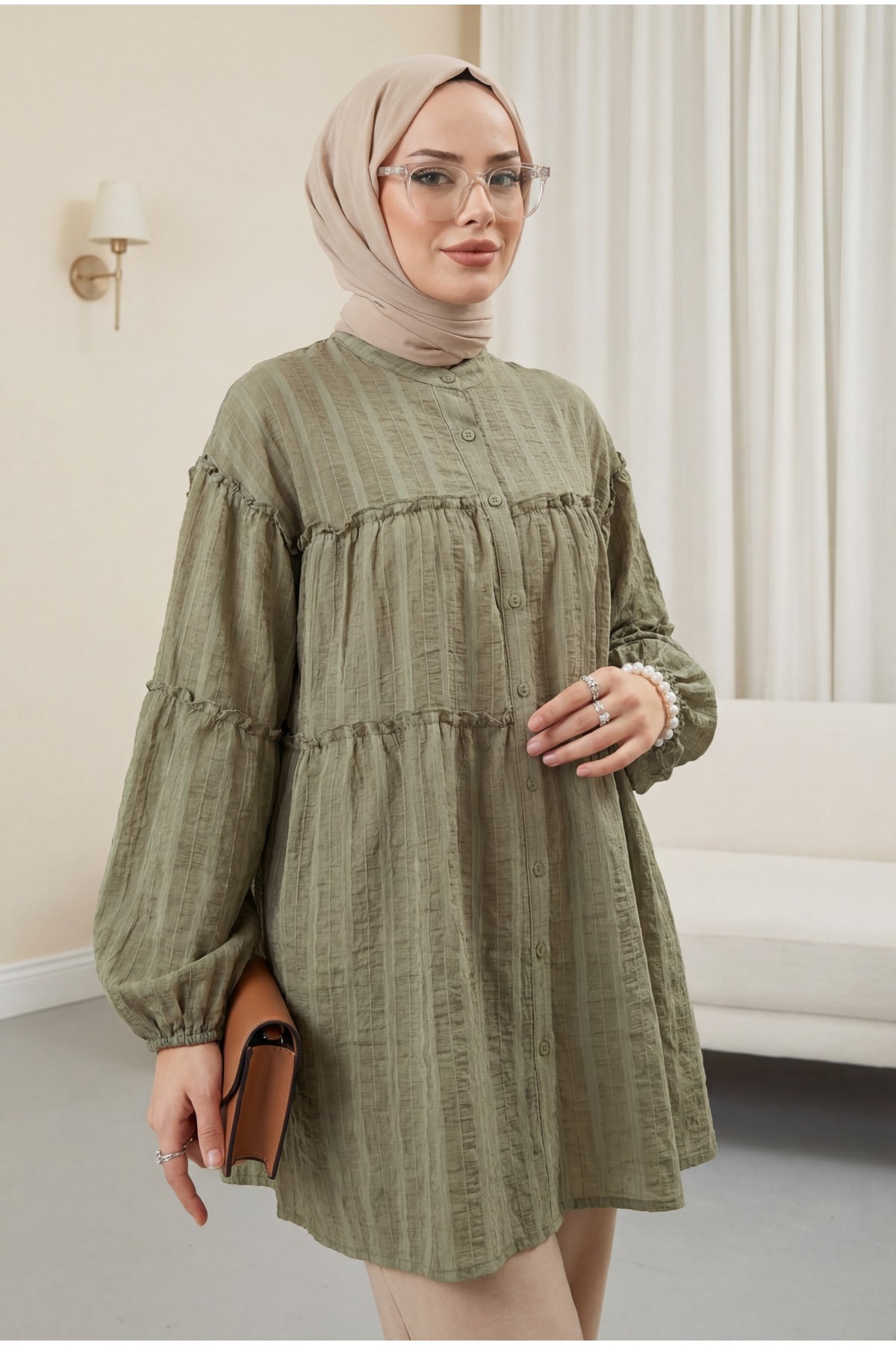 Dik Yaka Sim Çizgili Balon Kol Oversize Gofre Tunik -Haki