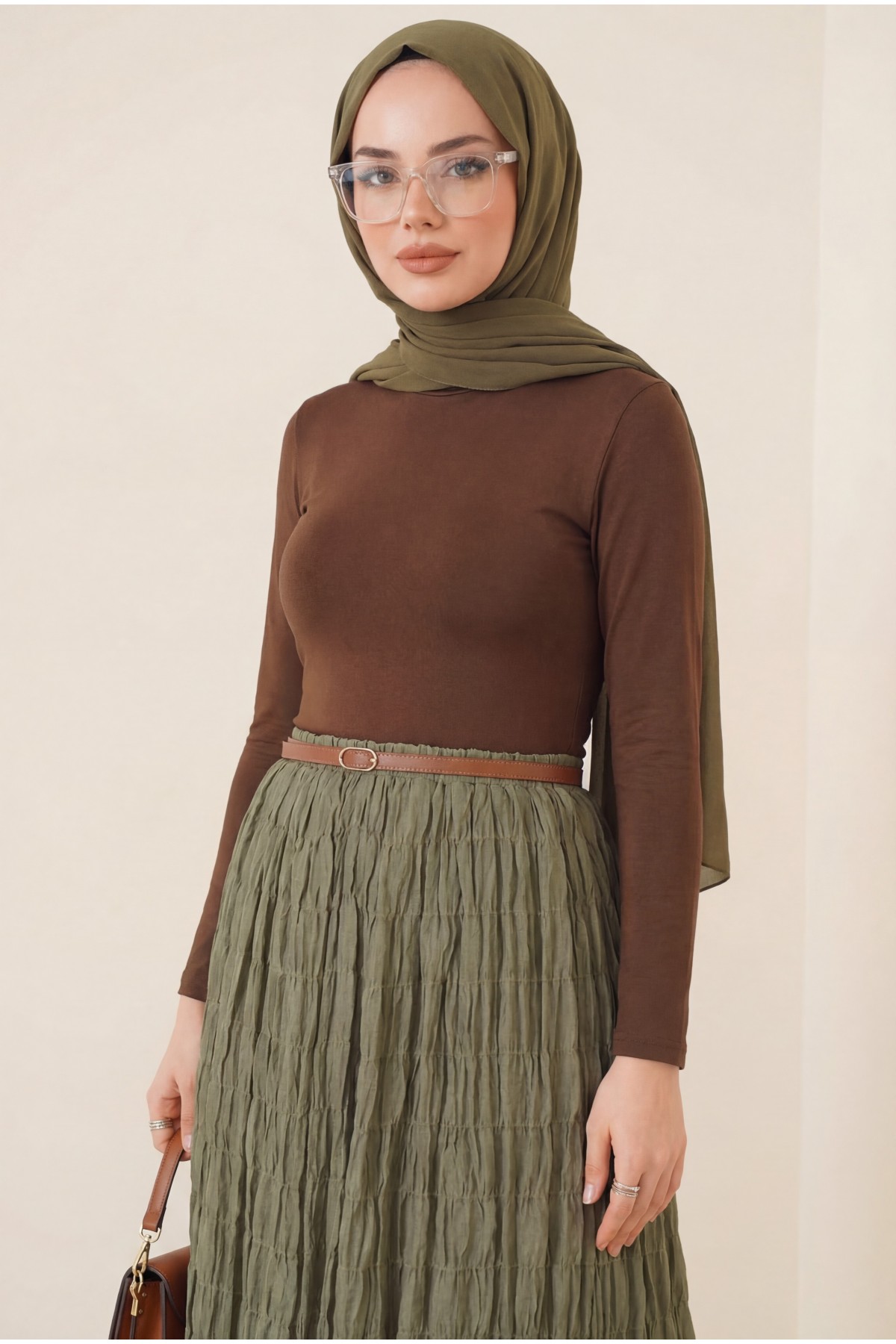 Astarlı Gipeli Modal Etek  -Yeşil