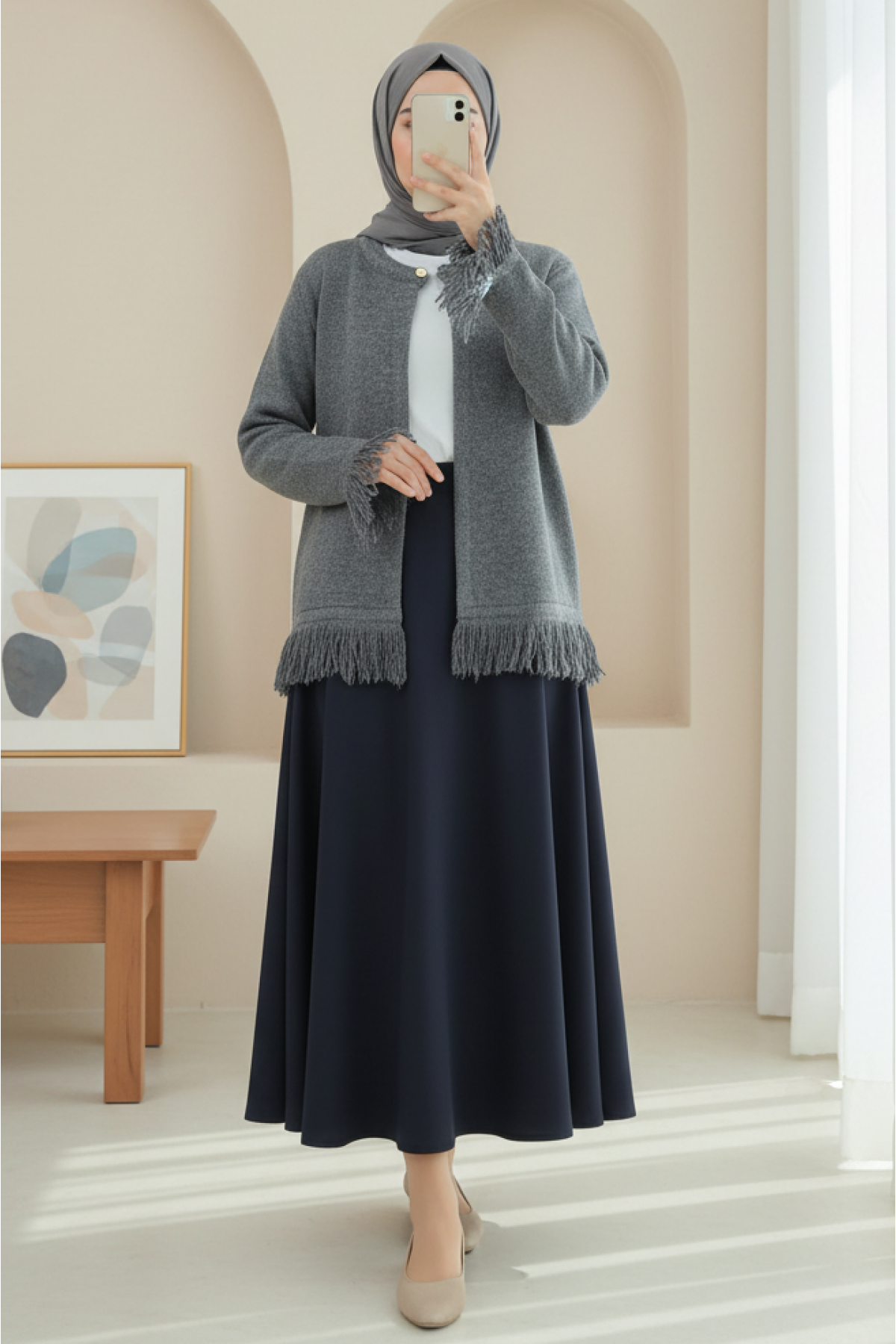 Tek Düğmeli Saçaklı Yumoş Triko Hırka   -Füme