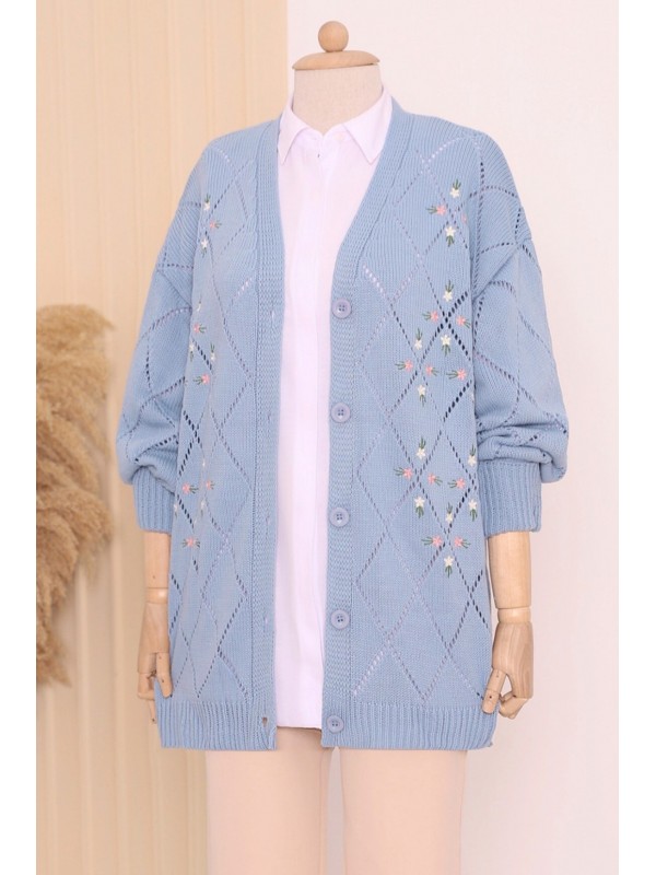 Ajurlu Çiçek Nakışlı Düğmeli Triko Hırka     -Mavi