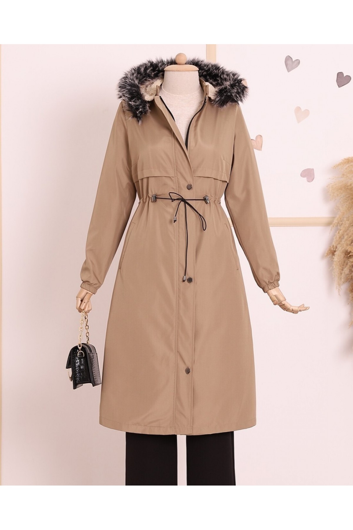 Çıkma Kapşonlu Tünel Bağcıklı Bondit Kaban -Açık Vizon