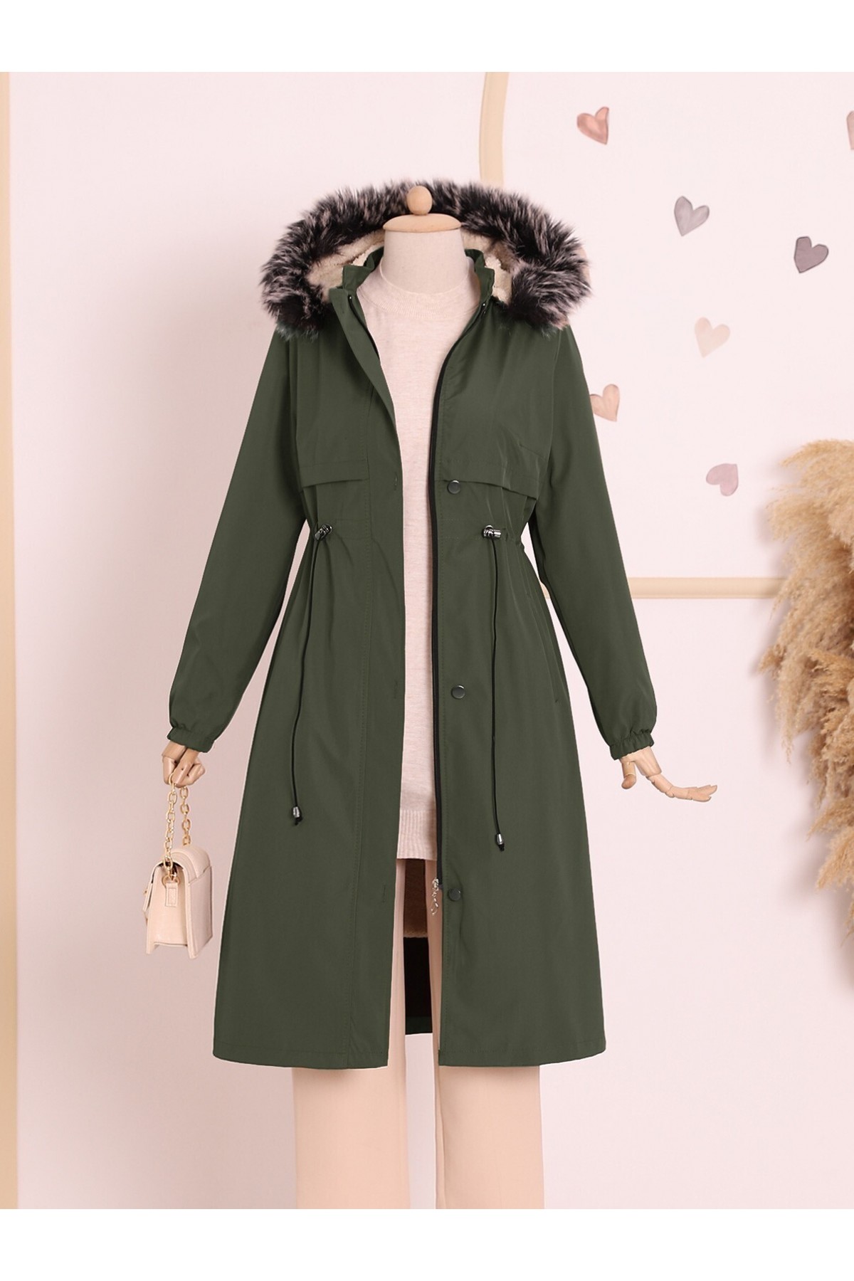 Çıkma Kapşonlu Tünel Bağcıklı Bondit Kaban -Haki