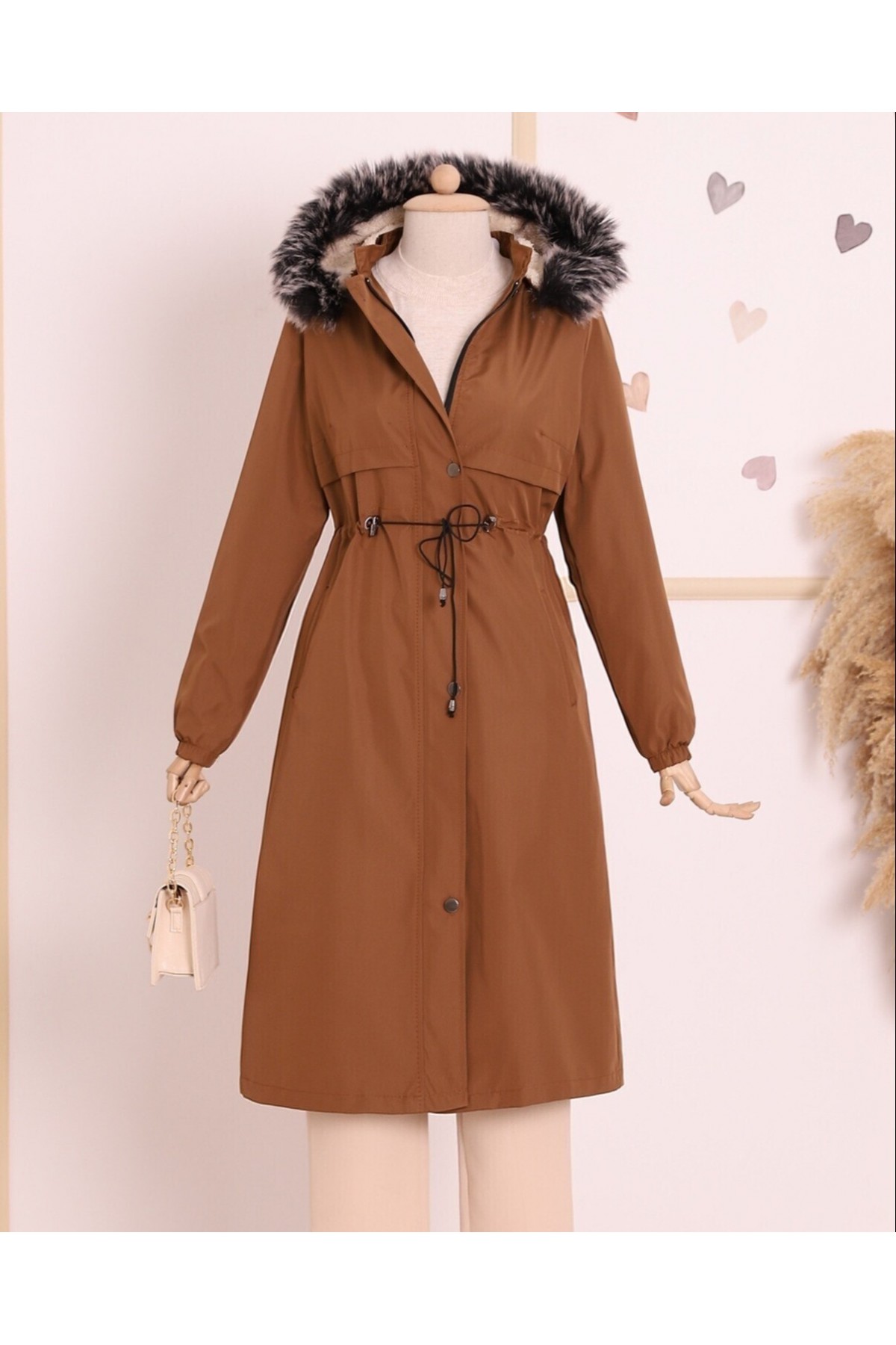 Çıkma Kapşonlu Tünel Bağcıklı Bondit Kaban -Taba