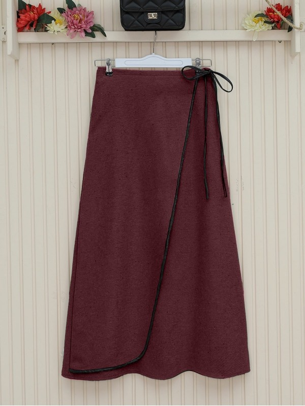 Beli Lastikli İnce Biyeli Kaşe Etek  -Bordo