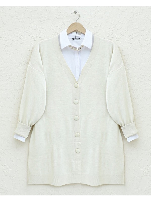 Düğmeli Kışlık Tesettür Triko Hırka -Taş