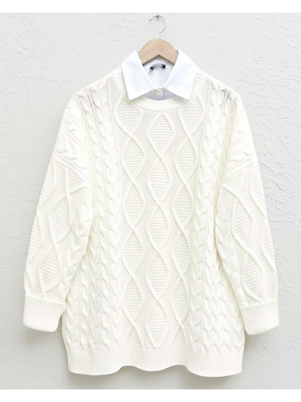 Petek Desen Kışlık Salaş Triko Kazak -Ekru