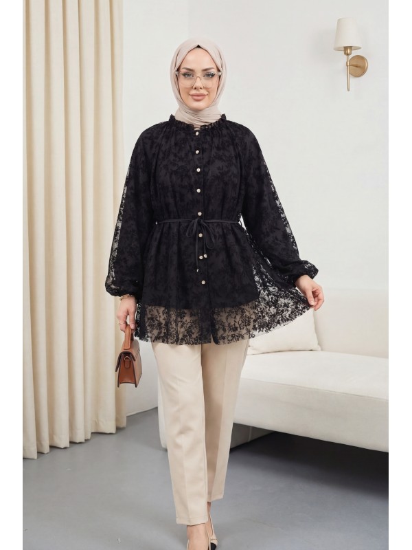 Dik Yaka Beli Bağcıklı Balon Kol Flog Baskılı Astarlı Tül Tunik -Siyah